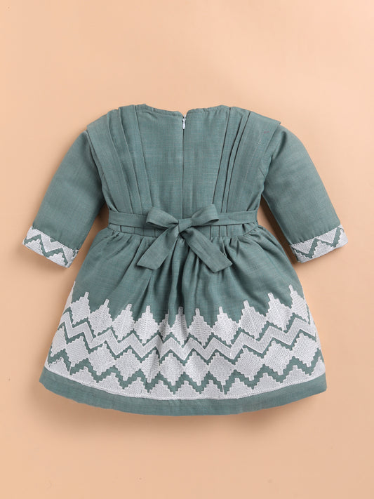 Lackii Doll Embroidered Cotton Dress for Girls | Soft & Elegant Green & Pink Outfit