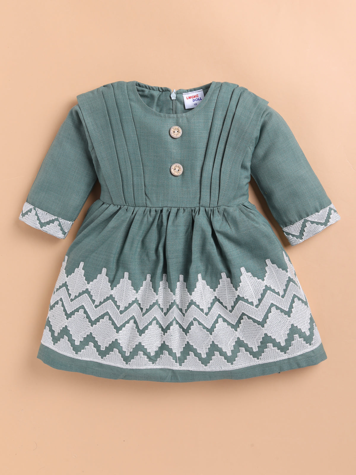 Lackii Doll Embroidered Cotton Dress for Girls | Soft & Elegant Green & Pink Outfit