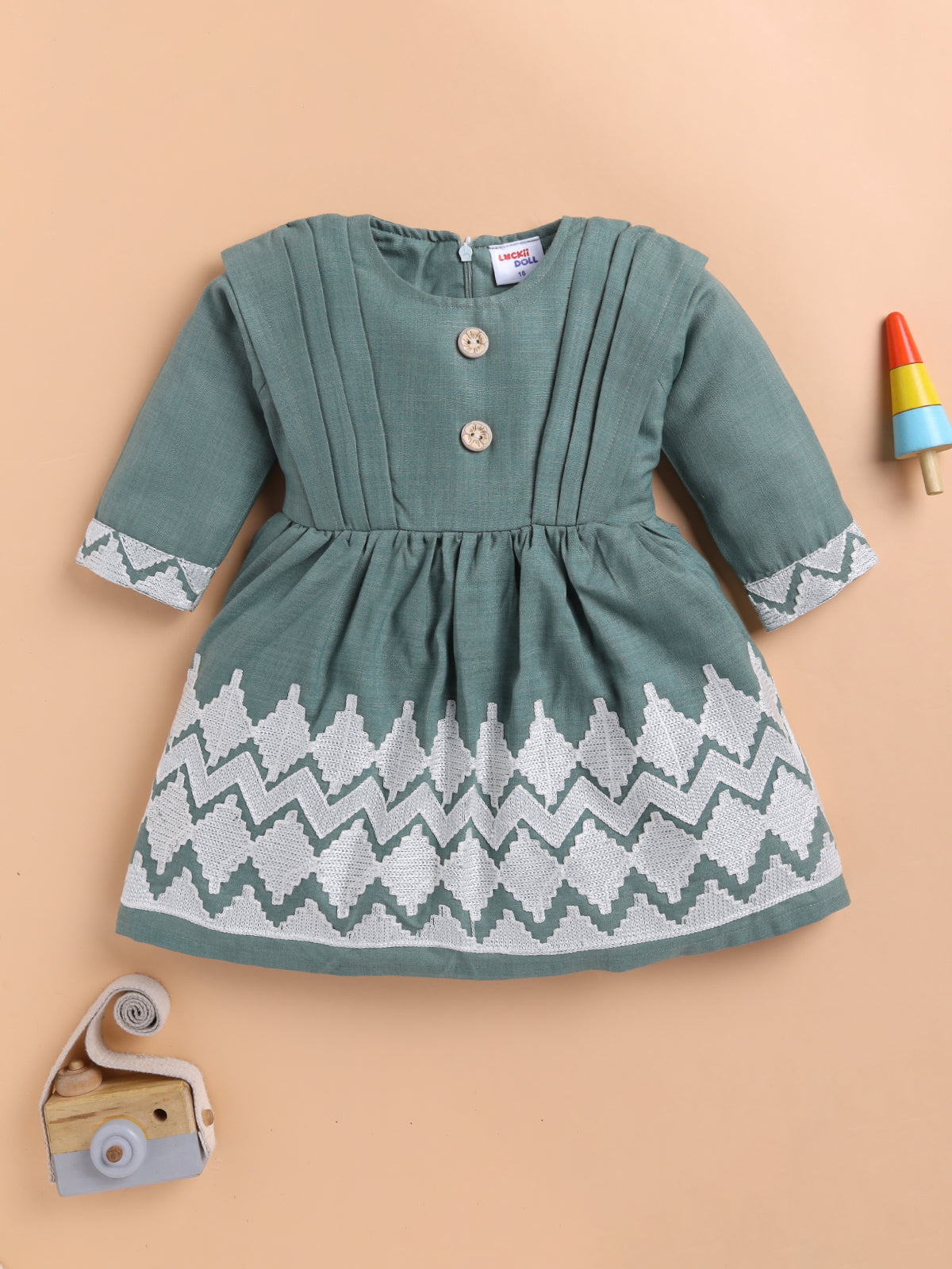 Lackii Doll Embroidered Cotton Dress for Girls | Soft & Elegant Green & Pink Outfit