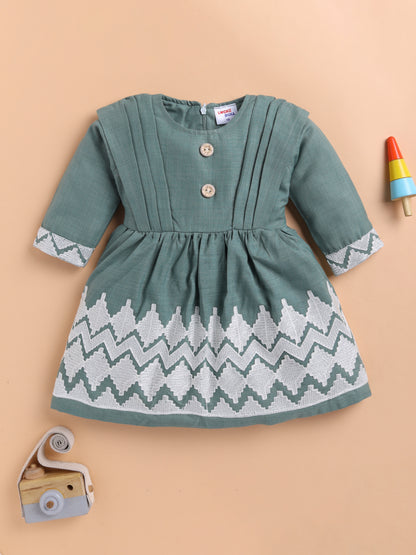 Lackii Doll Embroidered Cotton Dress for Girls | Soft & Elegant Green & Pink Outfit